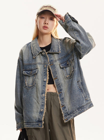 Washed Denim Raw-Edged Retro Jacket