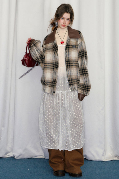 CyNi American Plaid Woolen Jacket Top, Wolle Tweed Revers, Herbst weiblich braun Temperament, Senior Short O