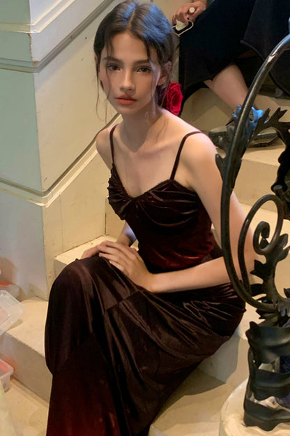 [9.19 20 o'clock new] gunsmoke rose velvet slip dress women's long temperament thin skirt