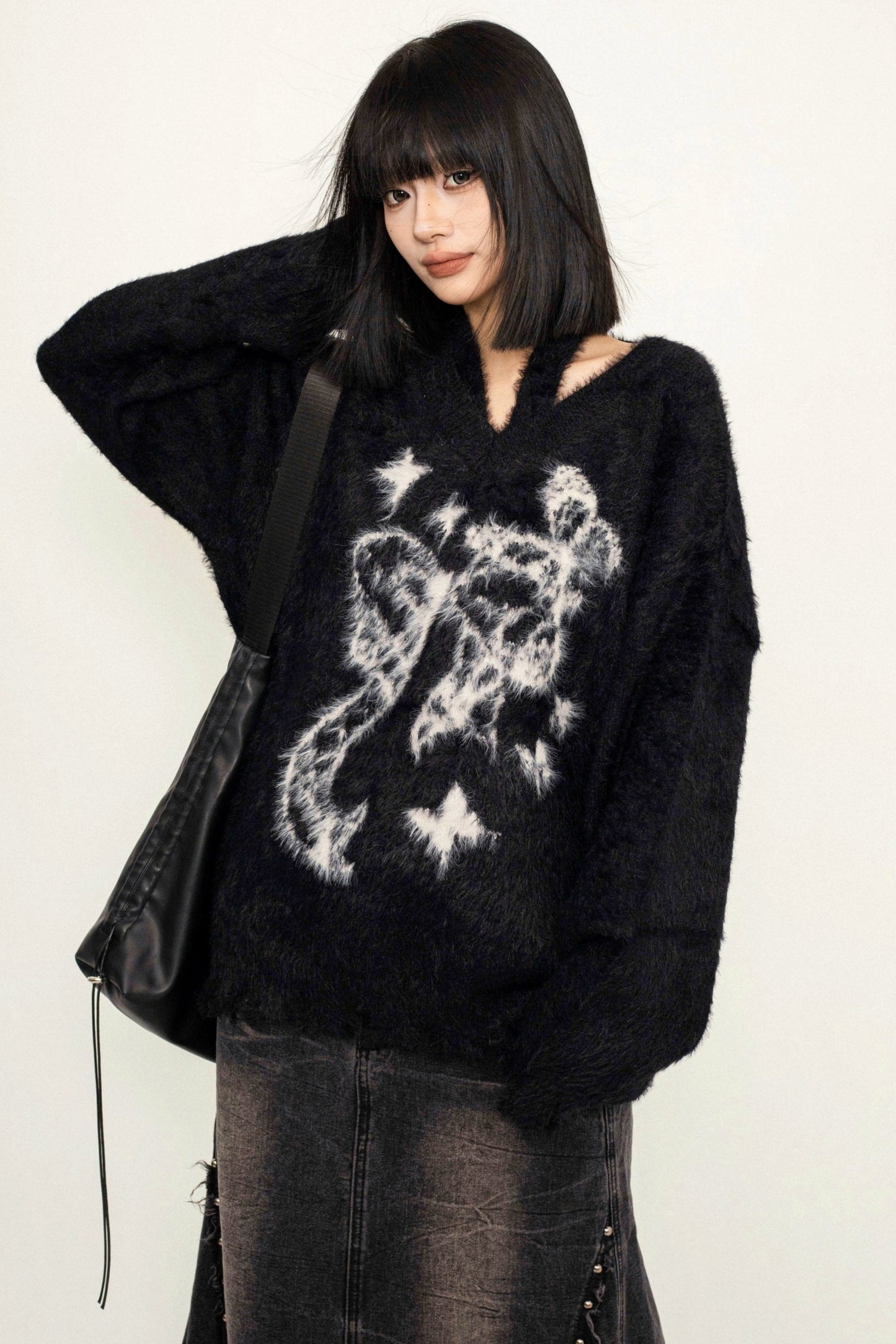 OCTTFLAB Fall/Winter Frayed Mohair Design Sweater Women's 2024 New Halterneck Long Sleeve Knitwear