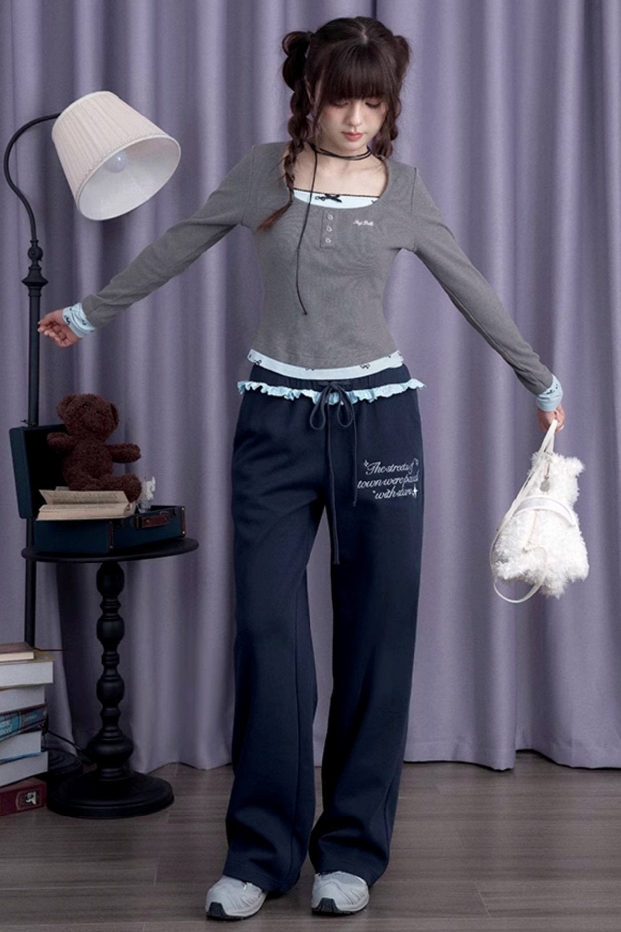 SagiDolls Girl's fighting spirit is sweet and versatile, gray and blue bow fake two long-sleeved T-shirts, slim and cute