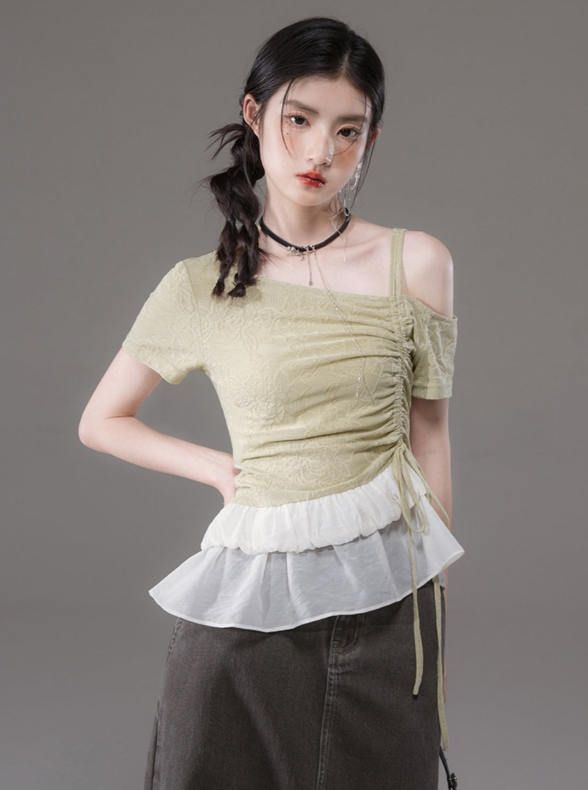 Green Knitted Jacquard Patchwork Top