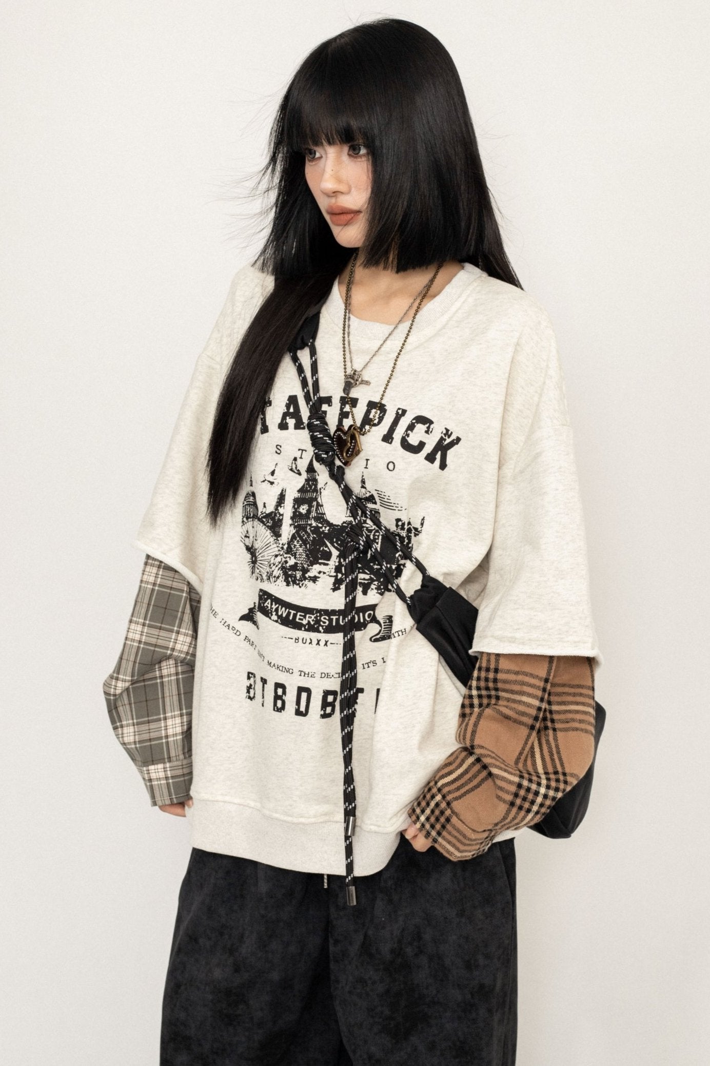 American Vintage Plaid Stitched Long Sleeve T-Shirt