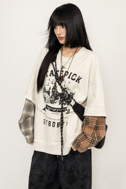 OCTTFLAB American Vintage Plaid Stitched Long Sleeve T-Shirt Sweatshirt Women's Loose Versatile Casual Print Top Trend