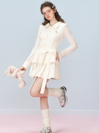 Long-sleeved bow cake dress