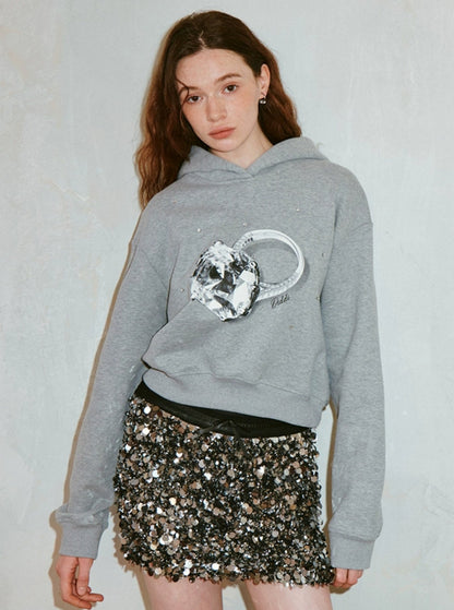 Diamond Ring Print Sparkling Hooded Top