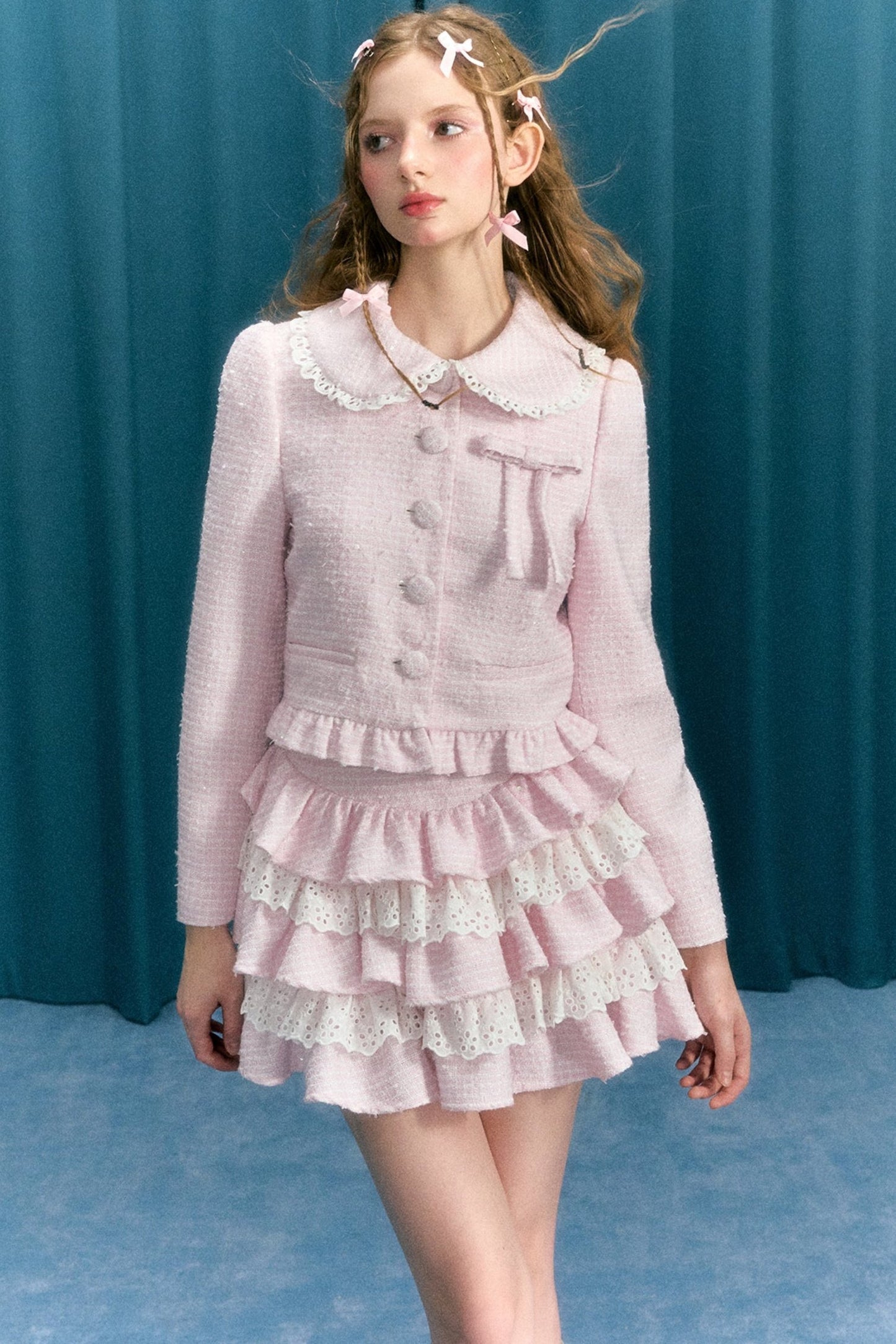 Narrator Original Design Pink Sweet Bow Suit Short Jacket Lace Cake Skirt Autumn