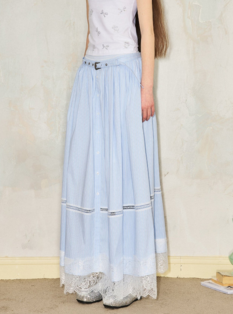 Vintage Striped Midi Skirt with Lace Trim With Pocket
