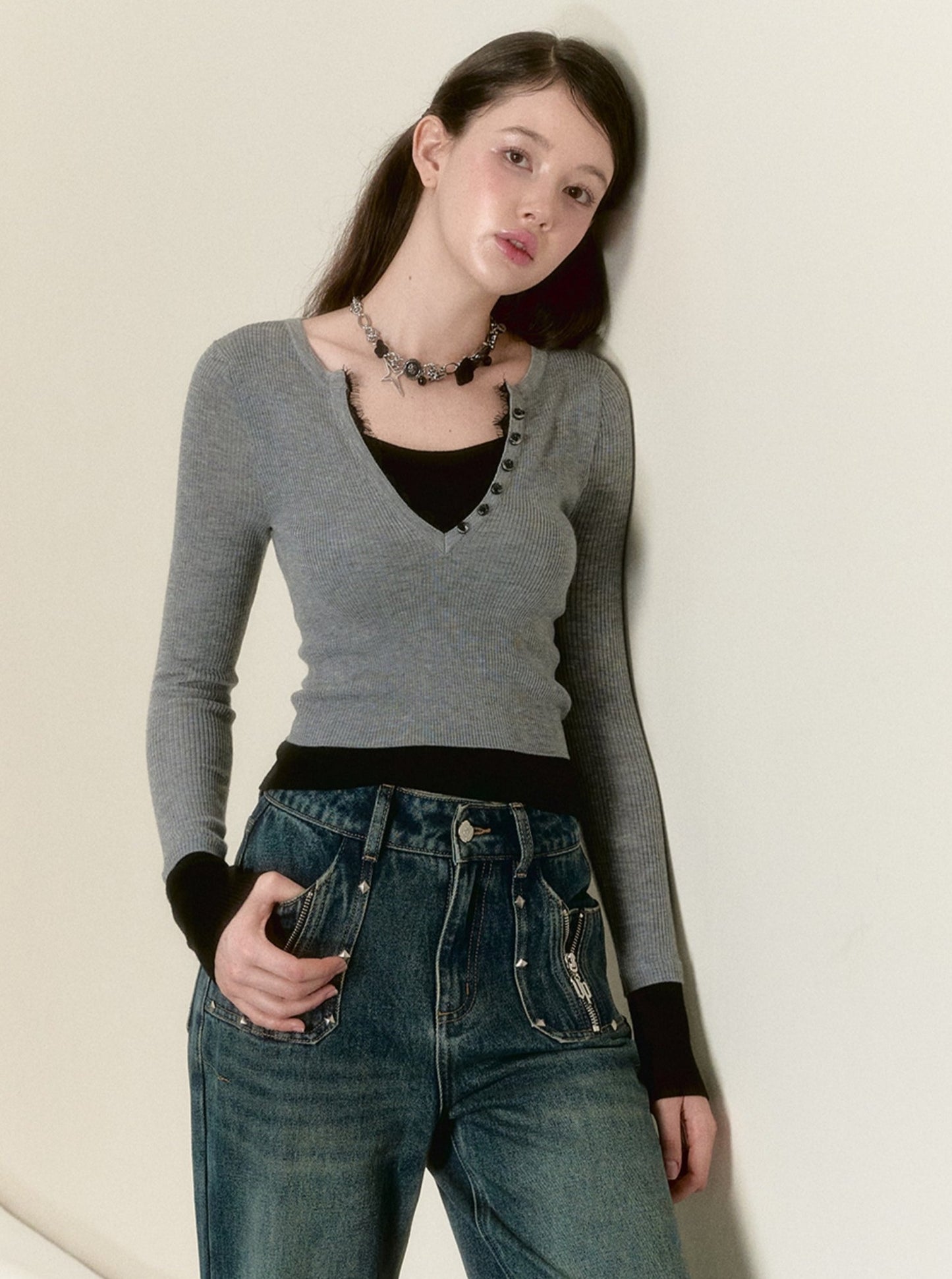 Raw Lace V-Neck Knitwear Top