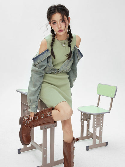 Mint Green Off-Shoulder Denim Knit Dress