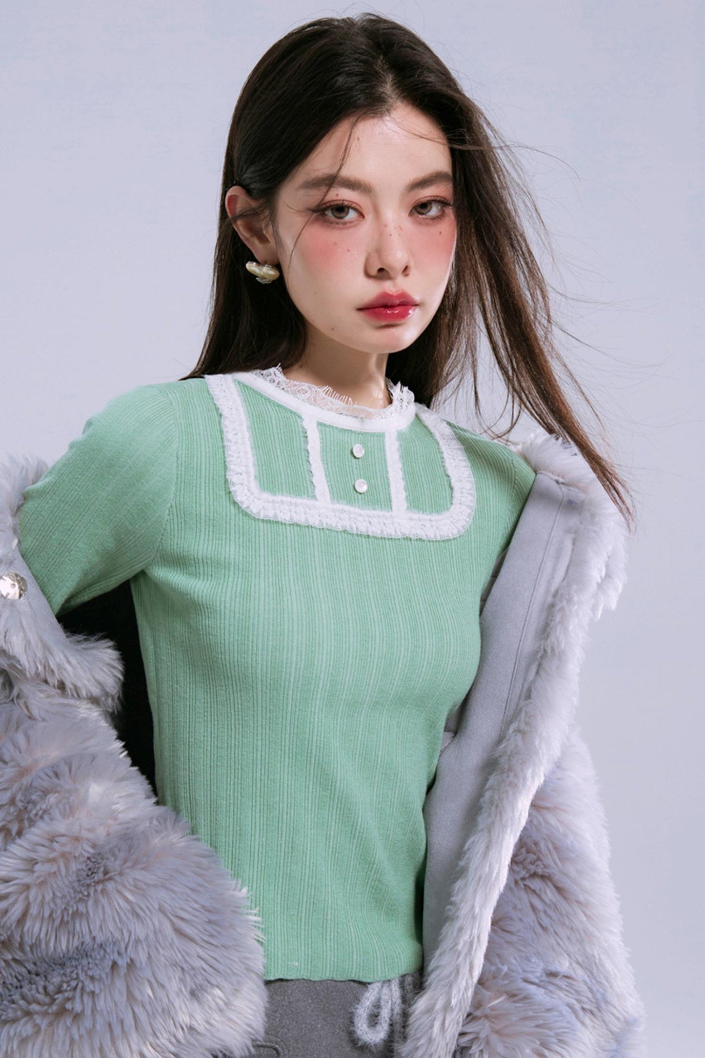 Aqua Green and Lace Wool Knit Top