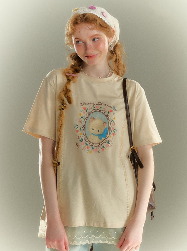 Lace Front Cat Print T-Shirt