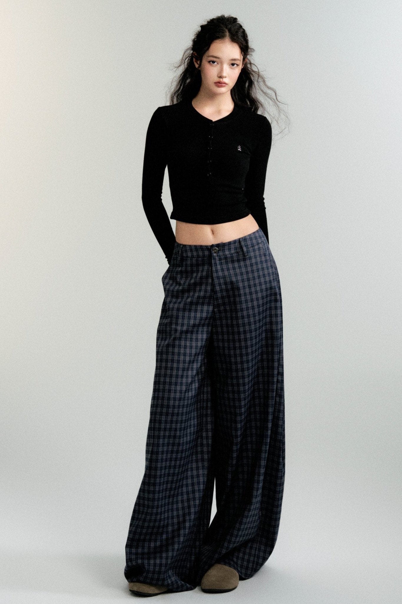 Antique Navy Plaid Wide-Leg Pants