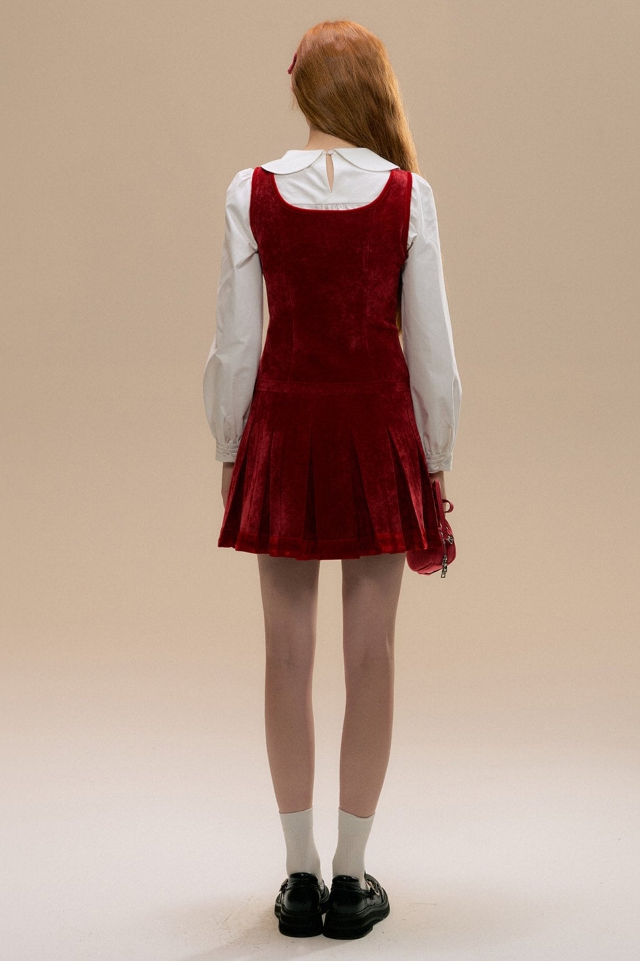 Red Velvet Pleated Dress