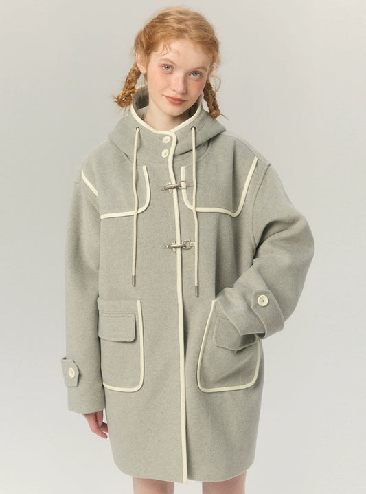 Woolen midlength hooded tweed coat