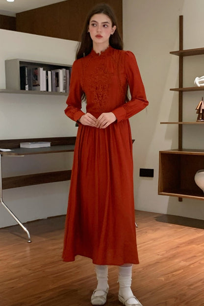 Design Retro Red Long Sleeve Dress