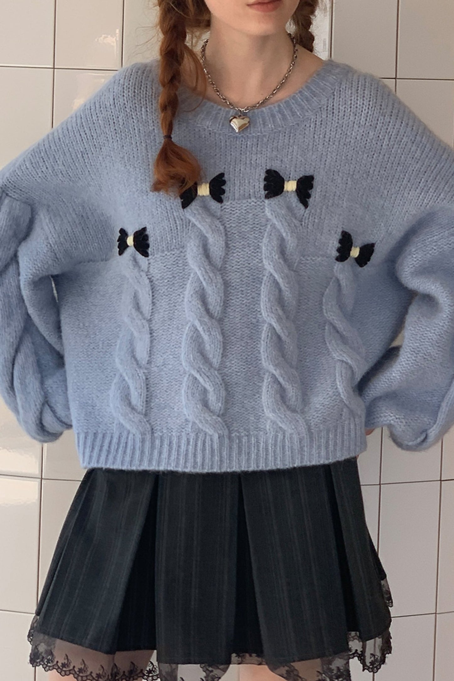 Grey Bow Pullover Knit Sweater Top