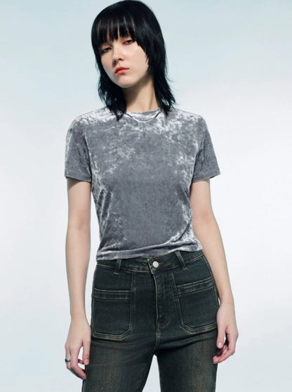 Glossy Texture Velvet Short Sleeve T-Shirt