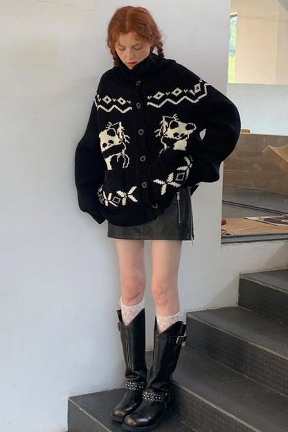 Fun Girly Panda Contrast Vintage Knit Jacket