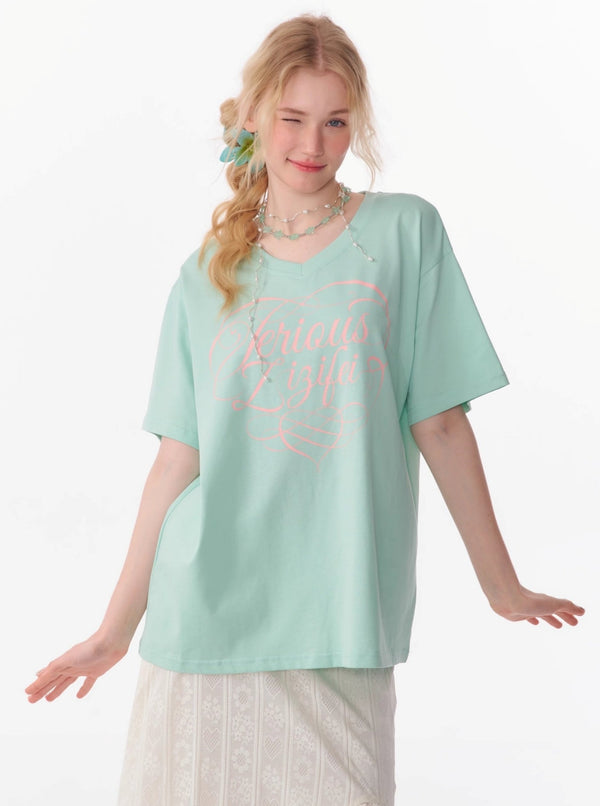 Solid Color Loose V-Neck Top