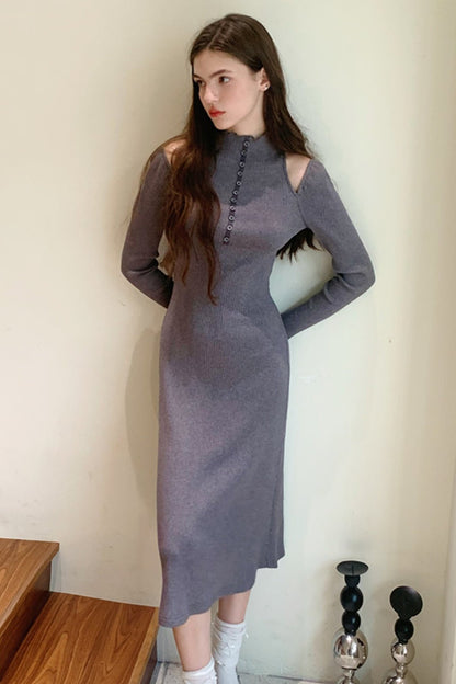 French Halterneck Off-Shoulder Knit Dress