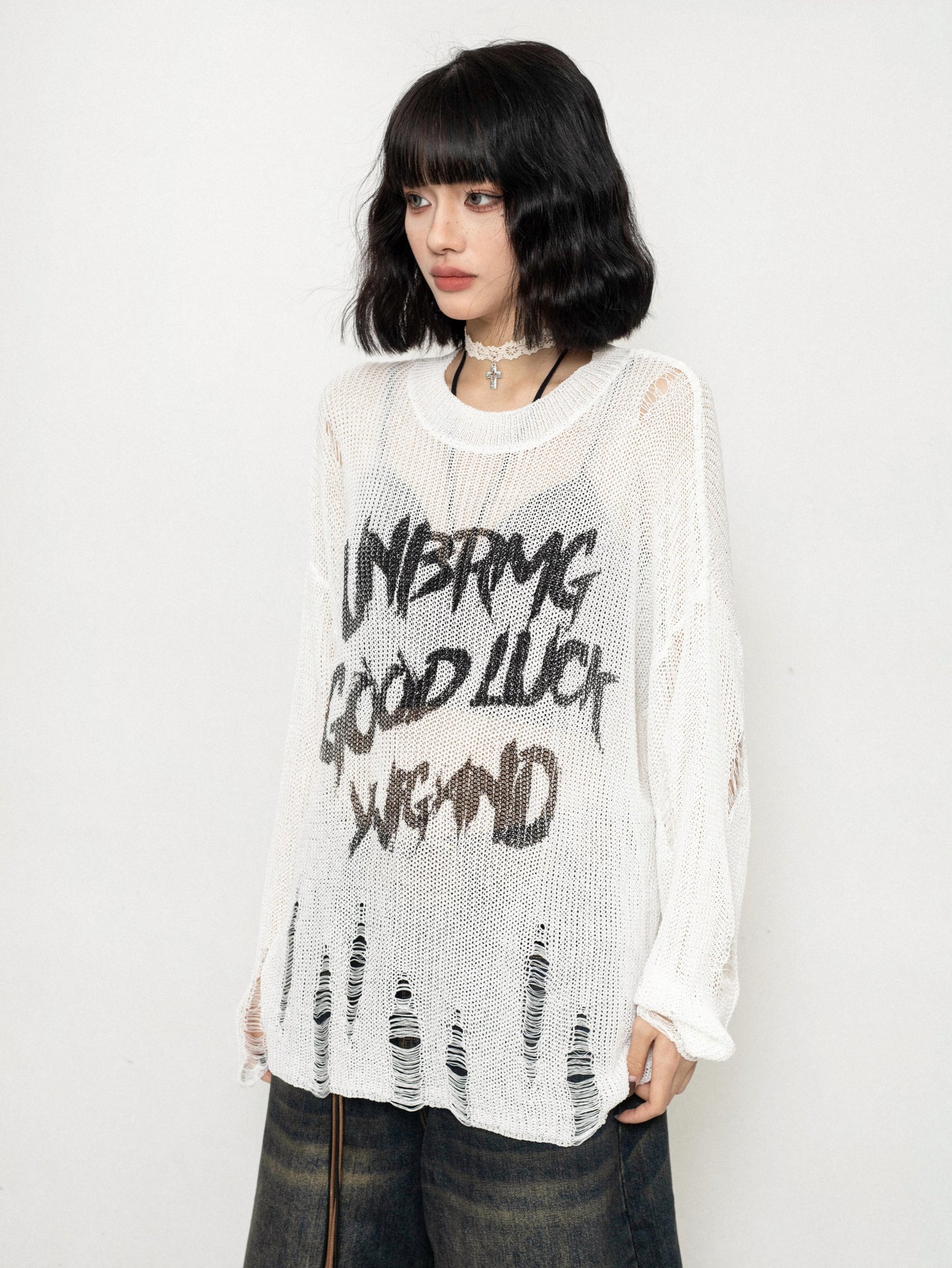 Light Mesh Graffiti Knit Top