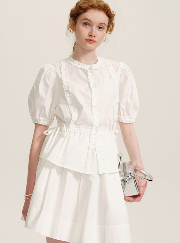 Drawstring Waist Puff Sleeve Shirt Set-Up