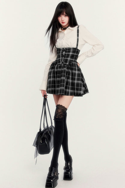 High WAIST HERRINGBONE CHECK STRAP SKIRT