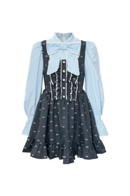 Erzähler Original Design blau grau Bogen College Puffärmel lange Ärmel gefälschte zweiteilige Kleid Tutu