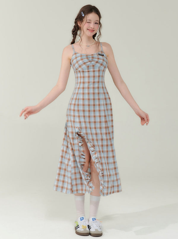 Blue Brown Plaid Slim Dress