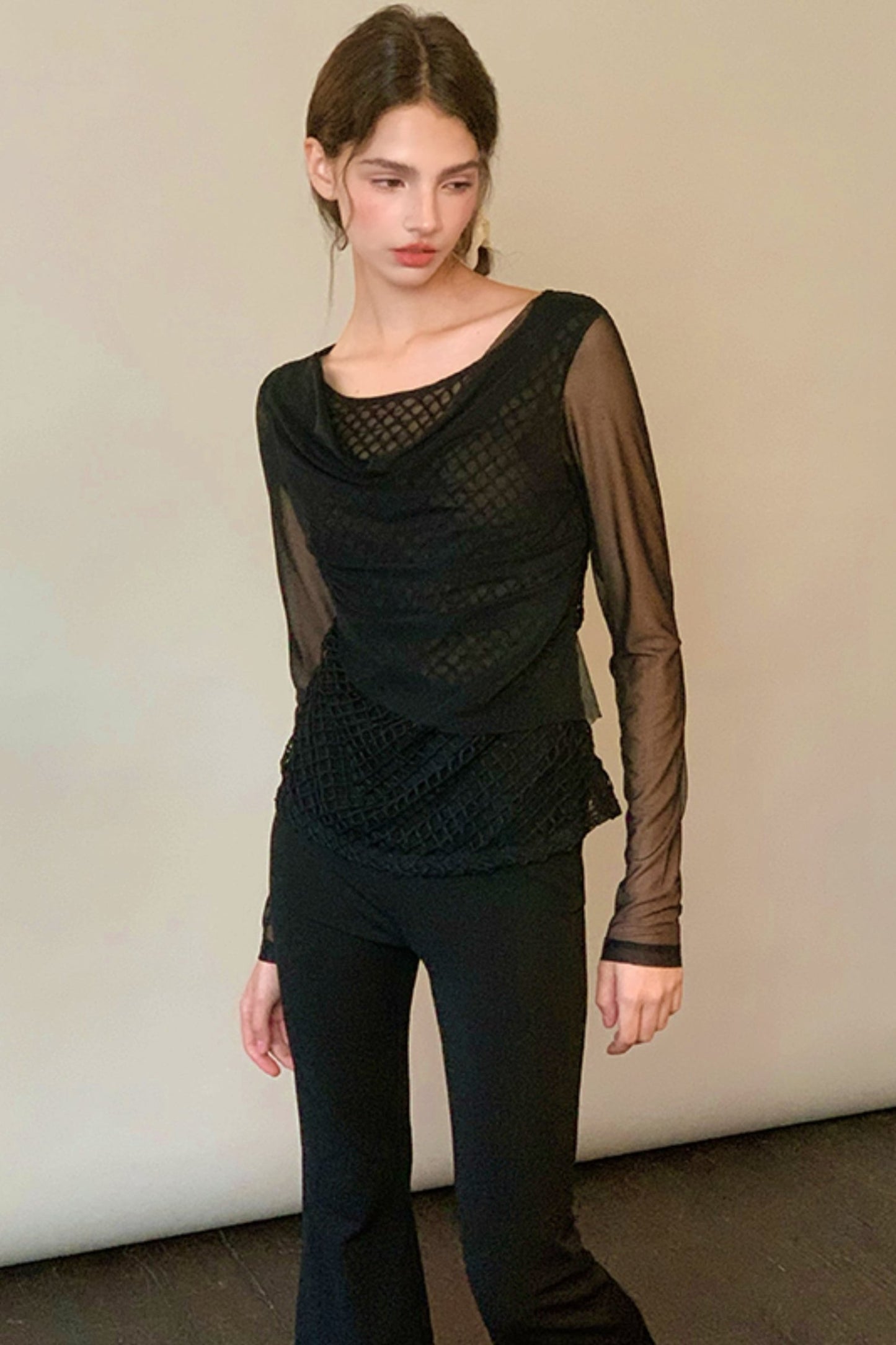 Black Temperament Mesh Long Sleeve Top