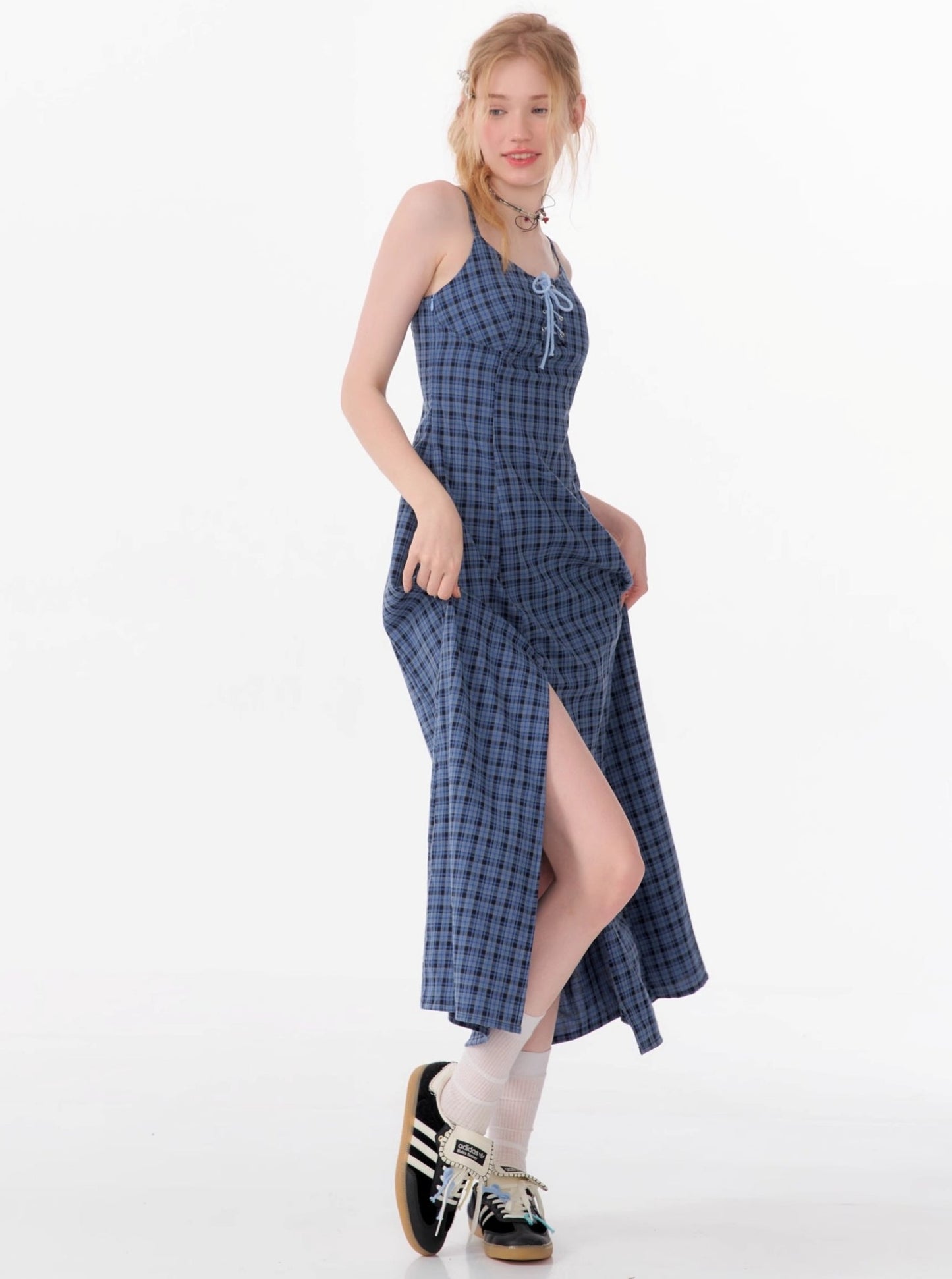 Blue Plaid Slit Strap Dress