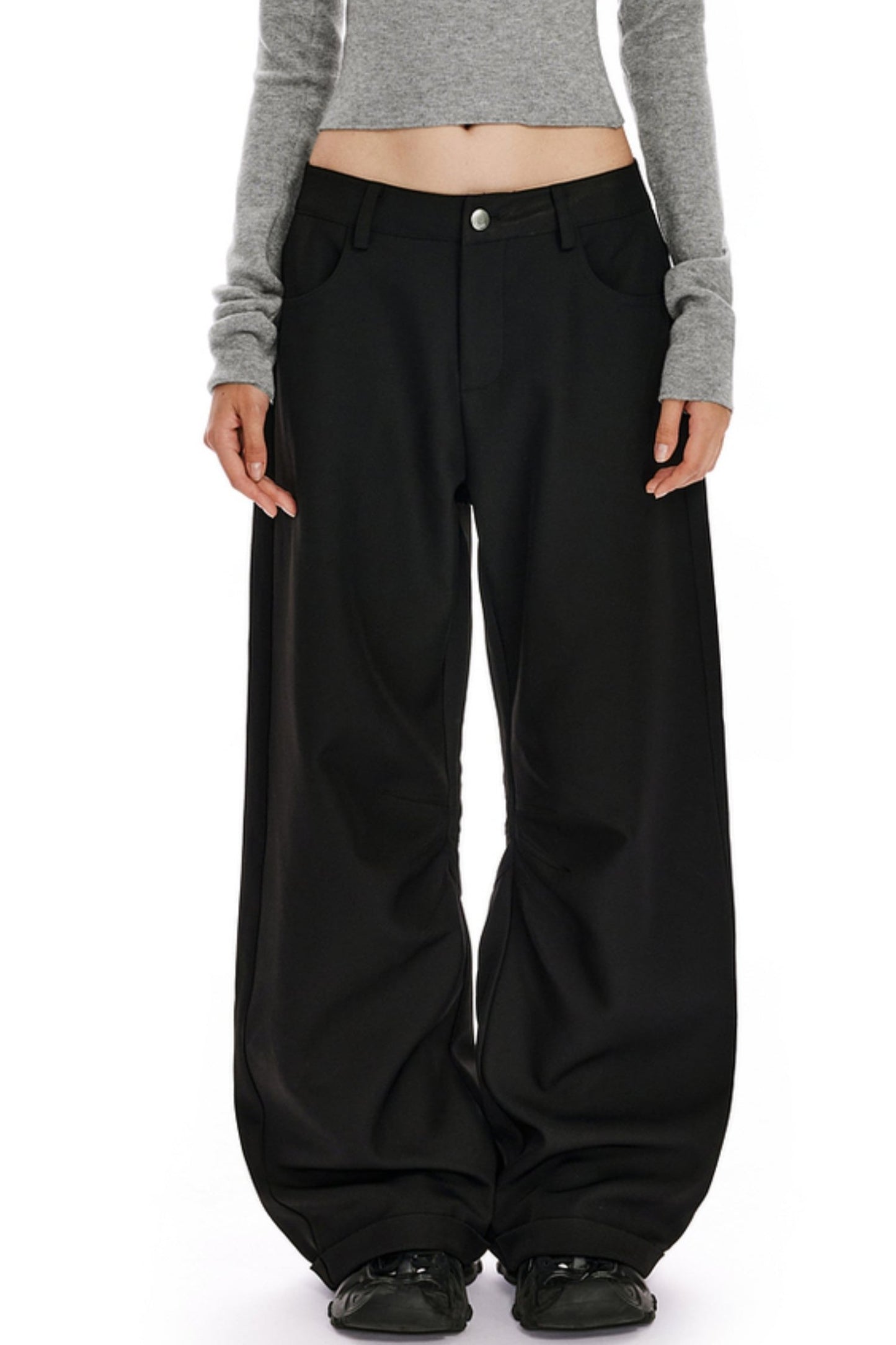 APEA Black Simple Casual Suit Pants Women's 2024 New Knee Press-Pleated Banana Pants Loose Wide-leg Scimitar Pants