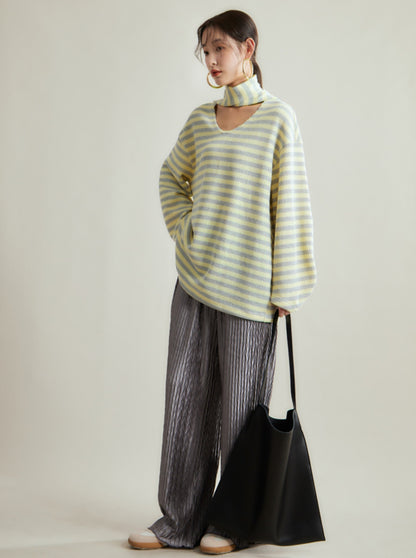 Contrast stripe scarf pullover knit top skirt set