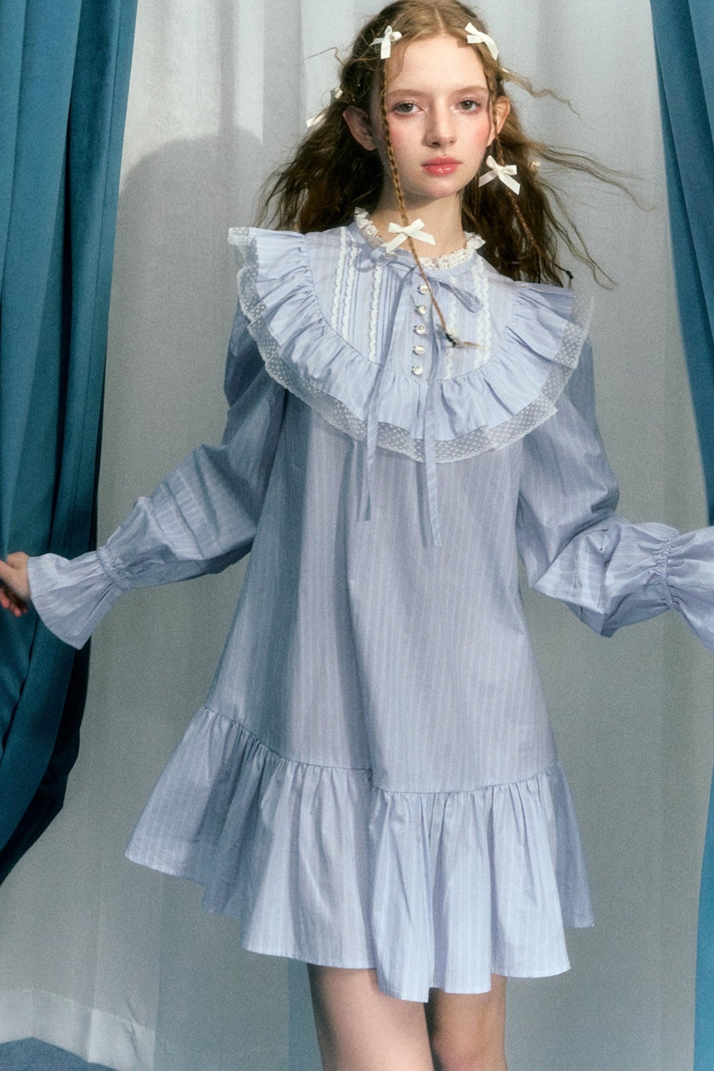 Bow Ruffled Stripe Long Sleeve Dress