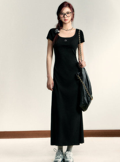 Square Neck Waist Cinched Long Dress