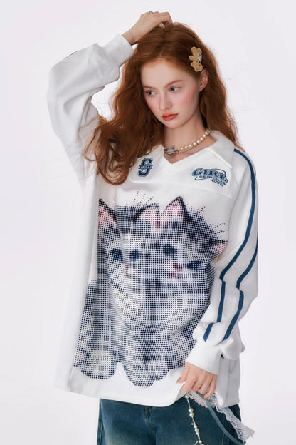 Cat Print Loose V-Neck Sweatshirt