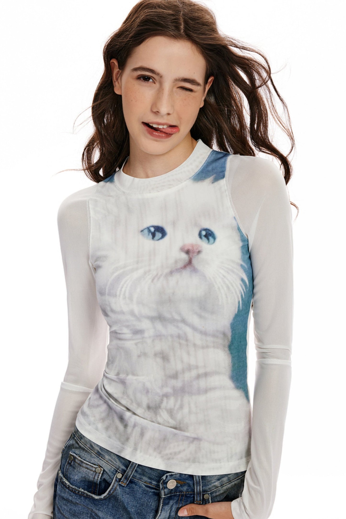 Cat Print Mesh Cropped T-Shirt