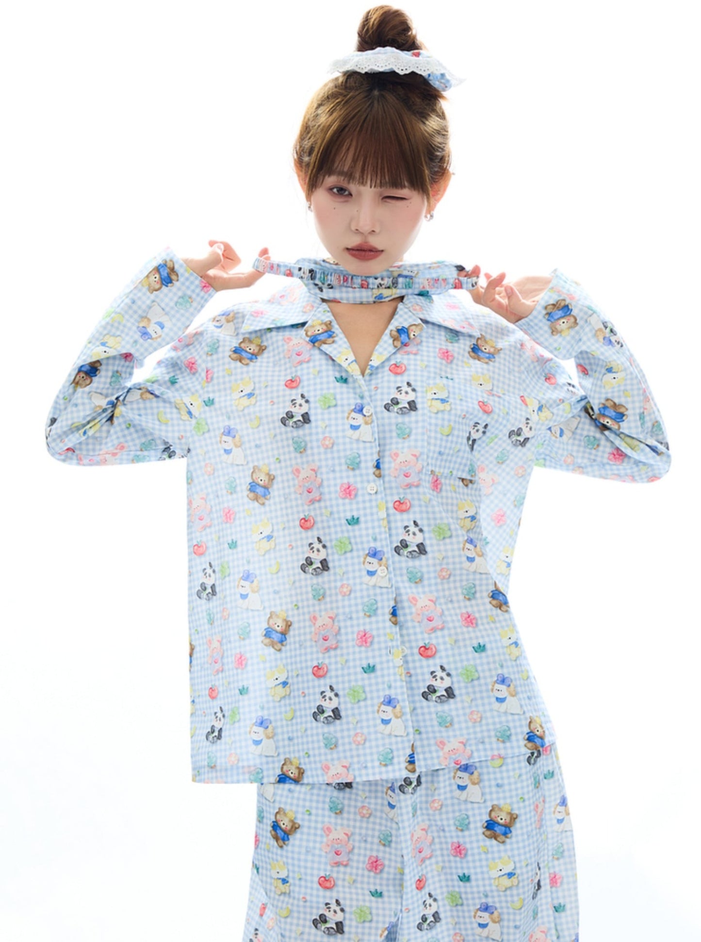 APEA sleepy bear puppy lazy long-sleeved pajamas cotton cute cartoon print parental pants two-piece suit