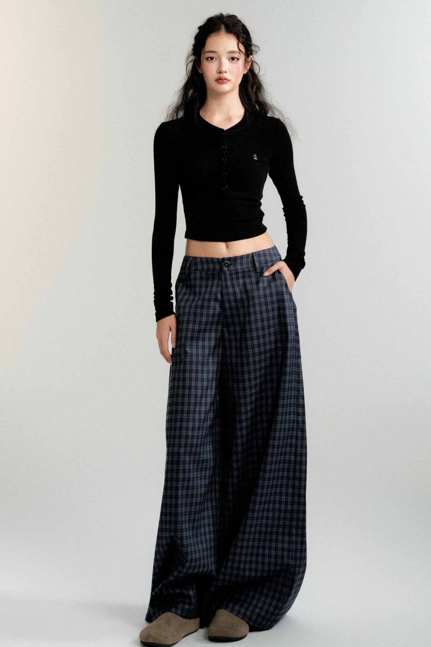 Antique Navy Plaid Wide-Leg Pants