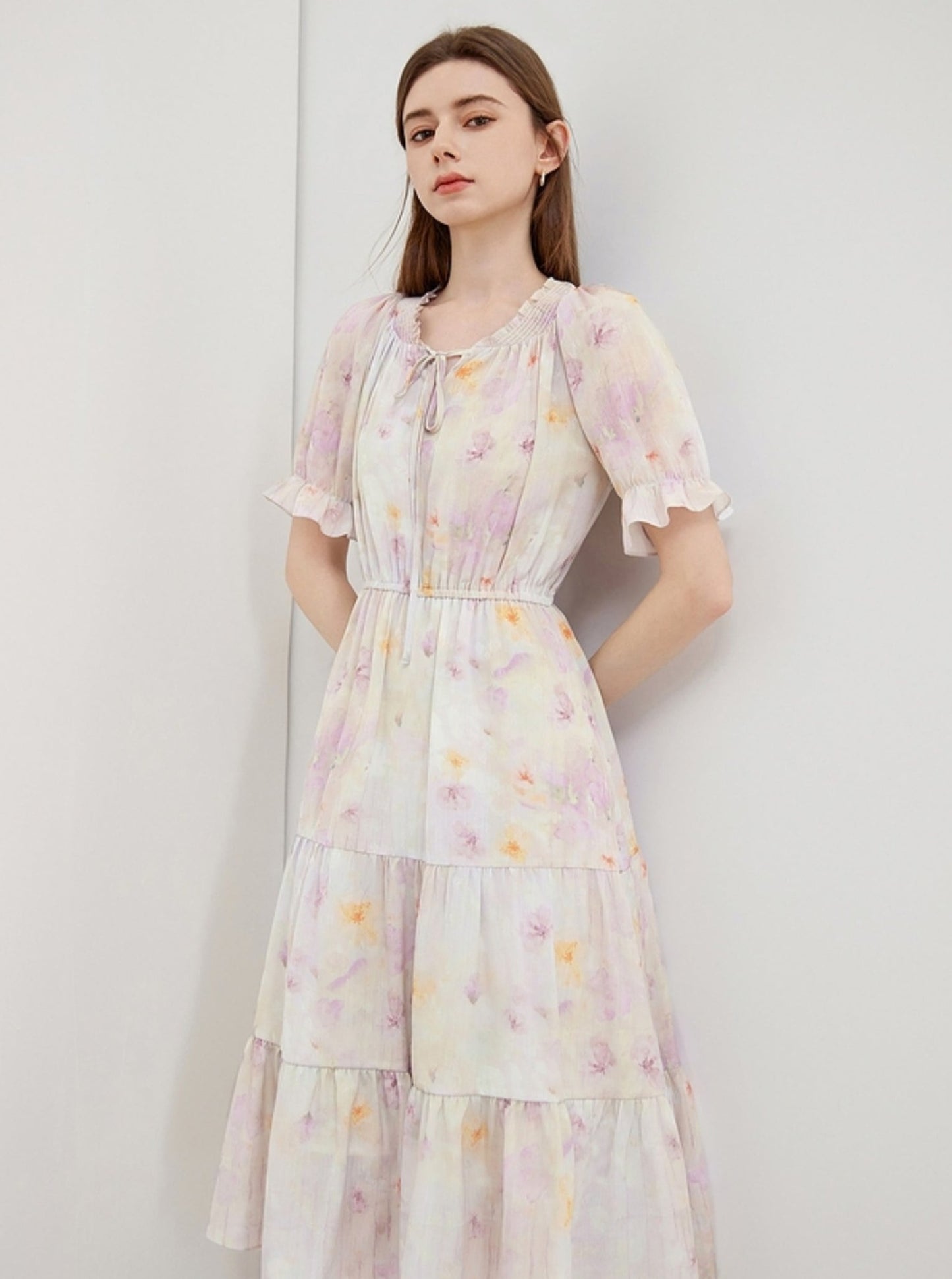 Pressed Pleats Gentle A-Line Floral Dress