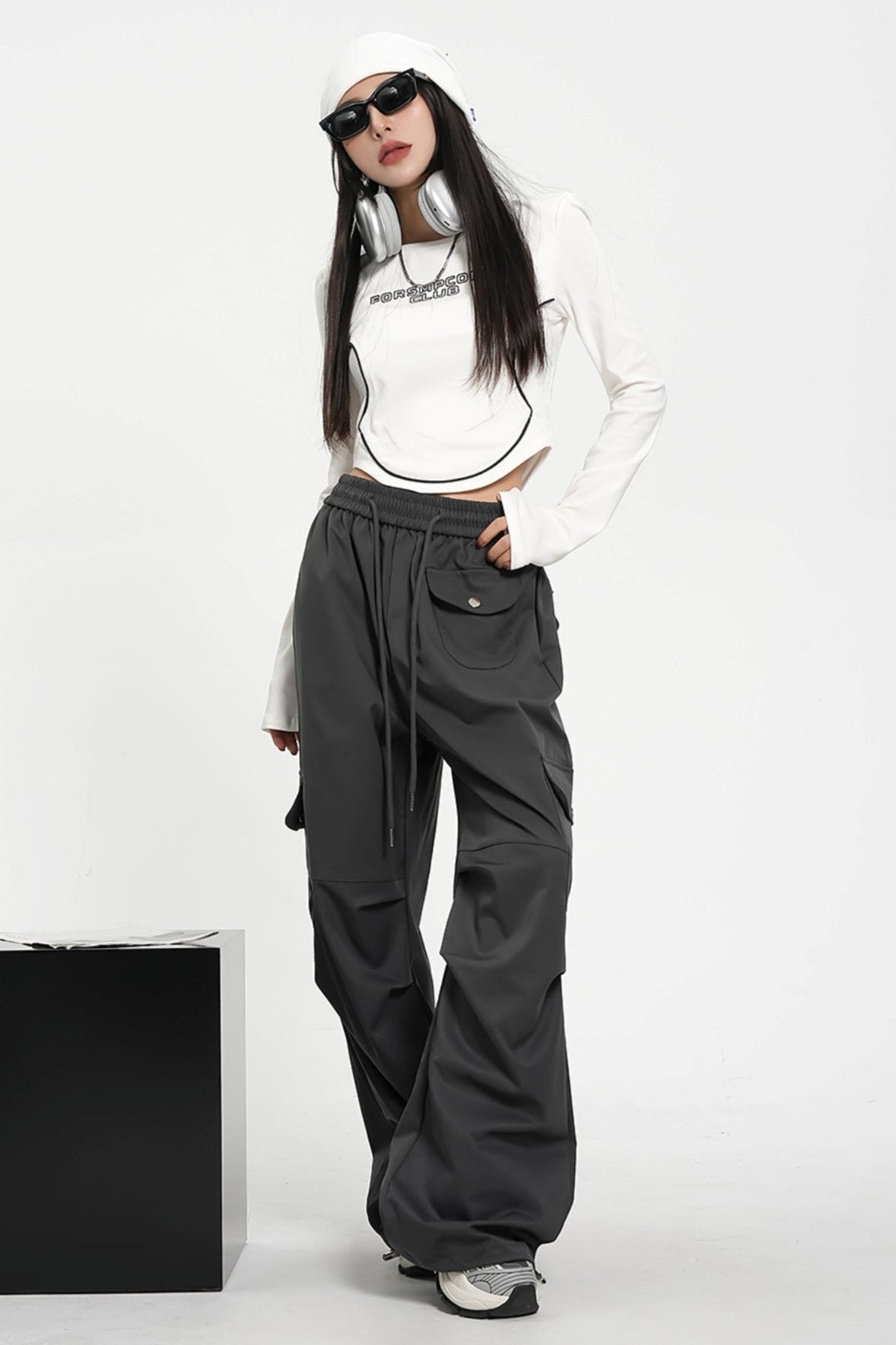 High-Waisted Elasticated Waist Cargo Pants