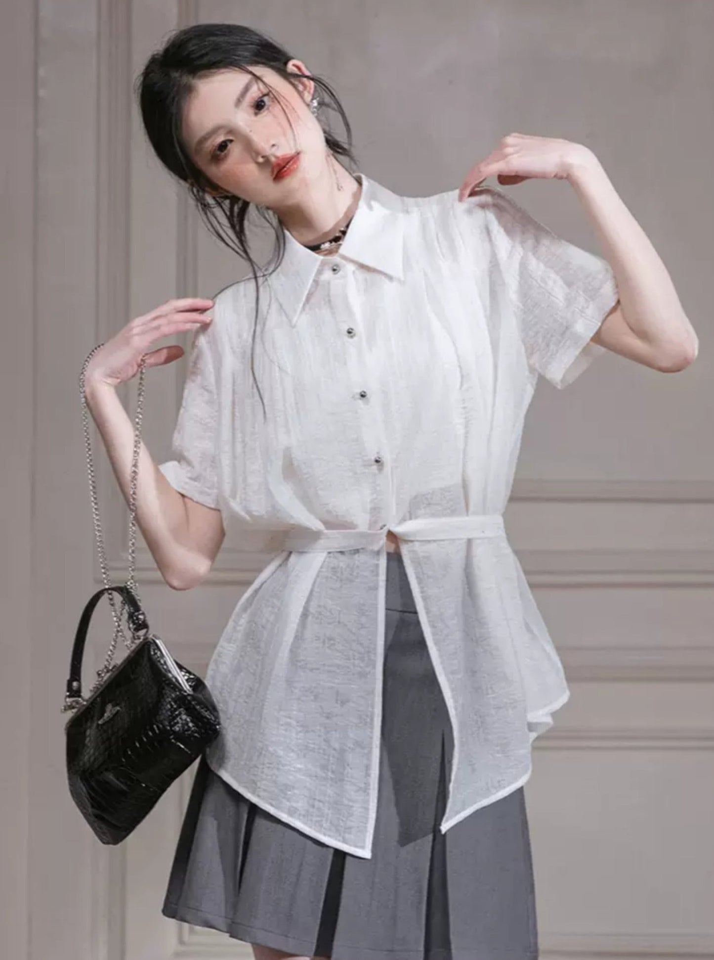 Apricot White Pleated Waist Shirt Set