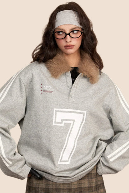 EZEK American Retro Pelz Kragen Nähte Sportliche V-Ausschnitt Sweatshirt Frauen Pre-Fall neue lose kontrastierenden Jersey Top