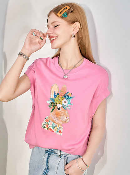 Bunny Print Loose Short Sleeve T-Shirt