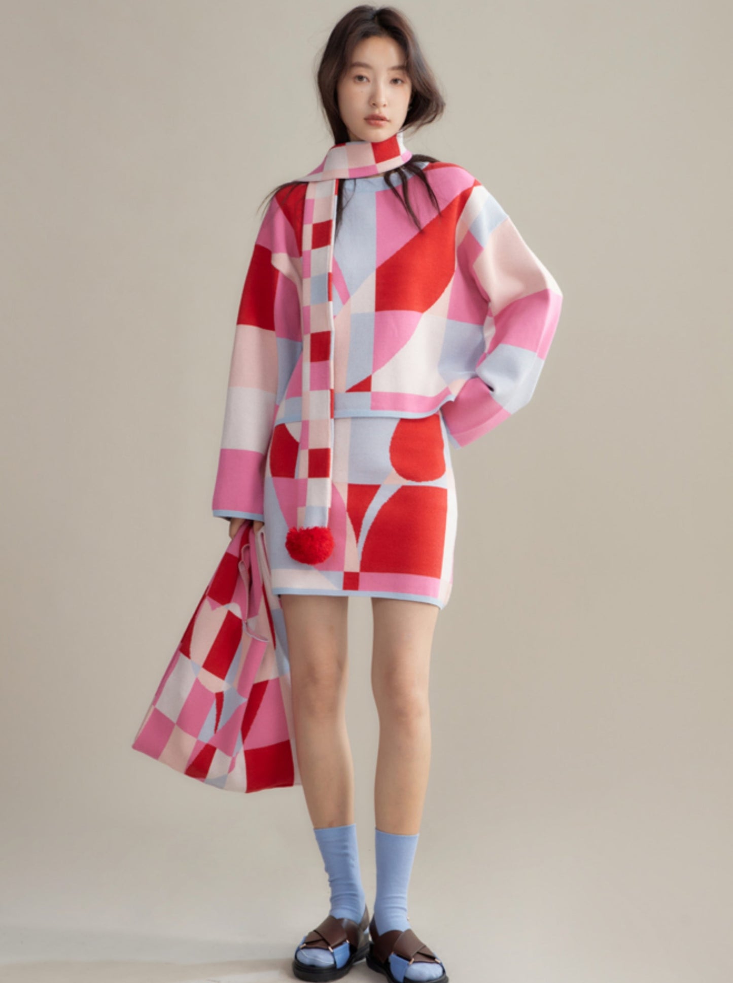 Contrast Plaid Tulip Scarf Handbag Knit Sweater Skirt Set