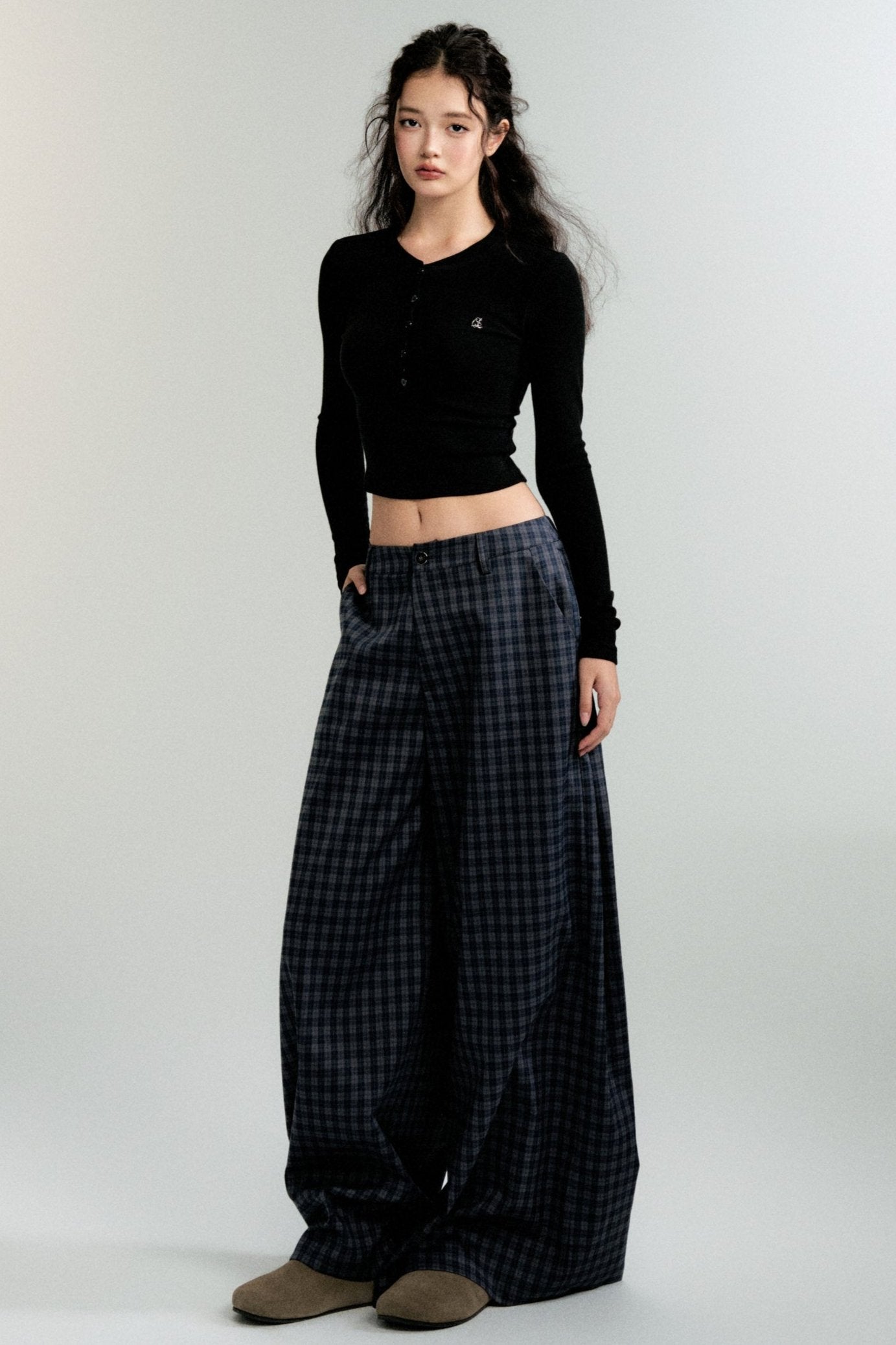 LULUSWINGS 24AW Slouchy Antique Navy Plaid Wide-Leg Pants Women's Loose Casual Straight Pants