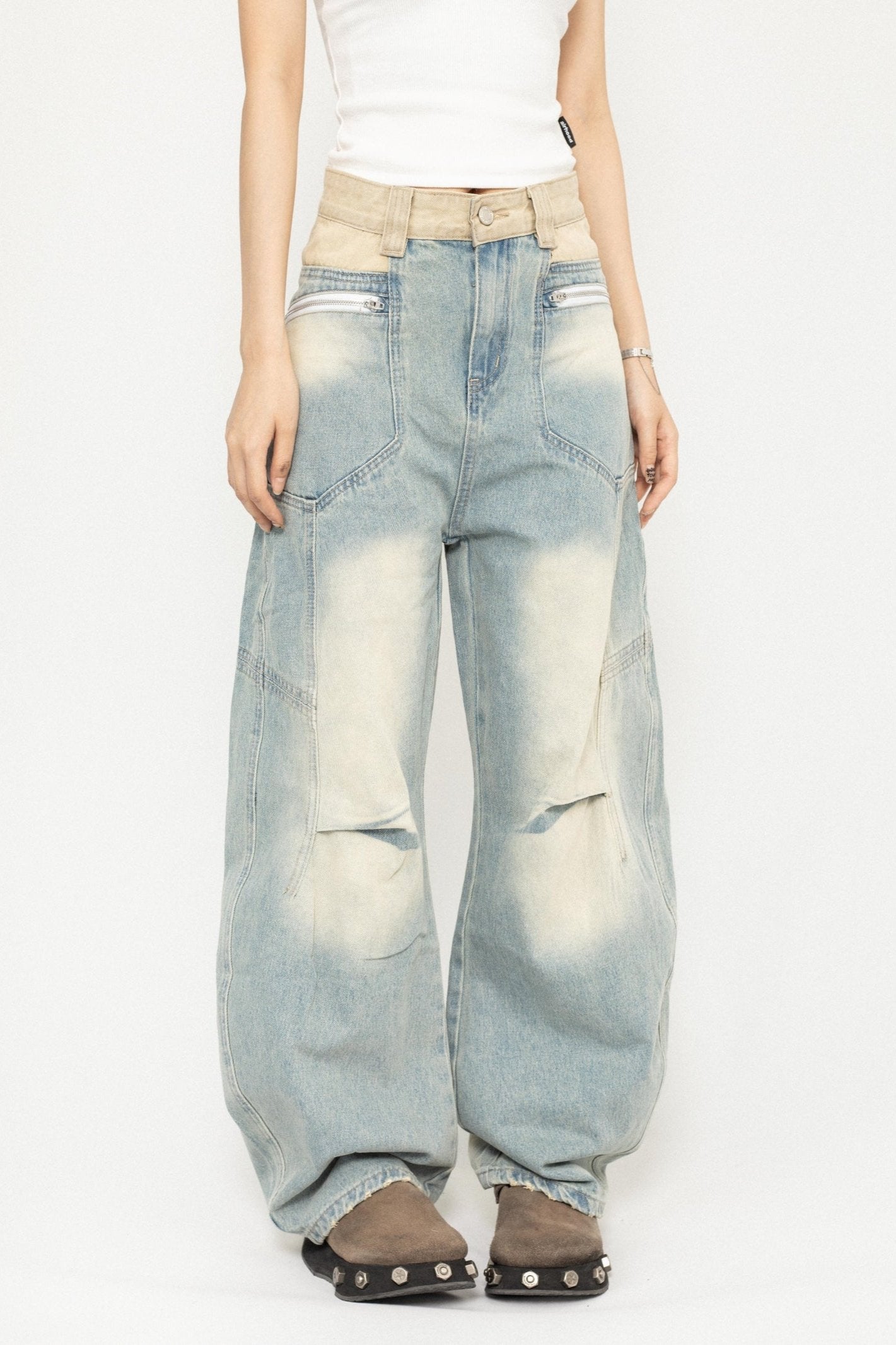 OCTTFLAB American high street stitched contrasting denim trousers design sense hot girl slim washed wide-leg trousers