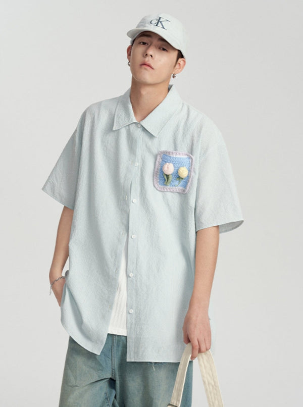 Plaid Crochet Pocket Short-Sleeved Shirt
