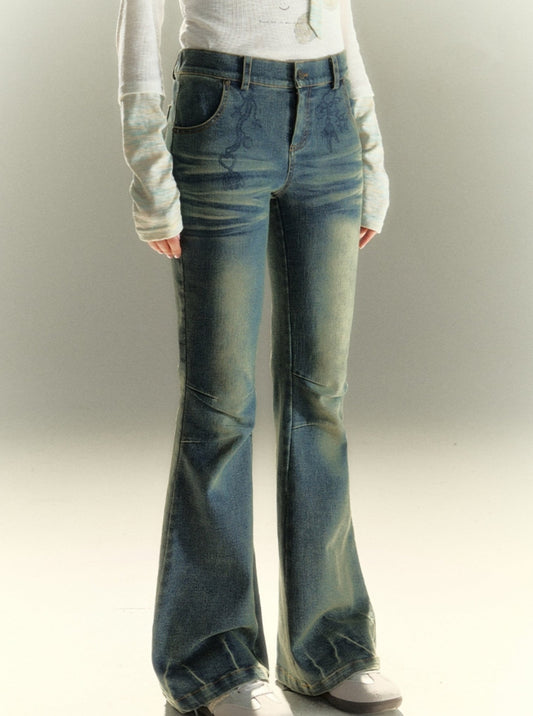 LOLOL ® 24FW American Vintage Print Flared Jeans Women's 2024 Design Sense Stretch Slim Fit Trousers